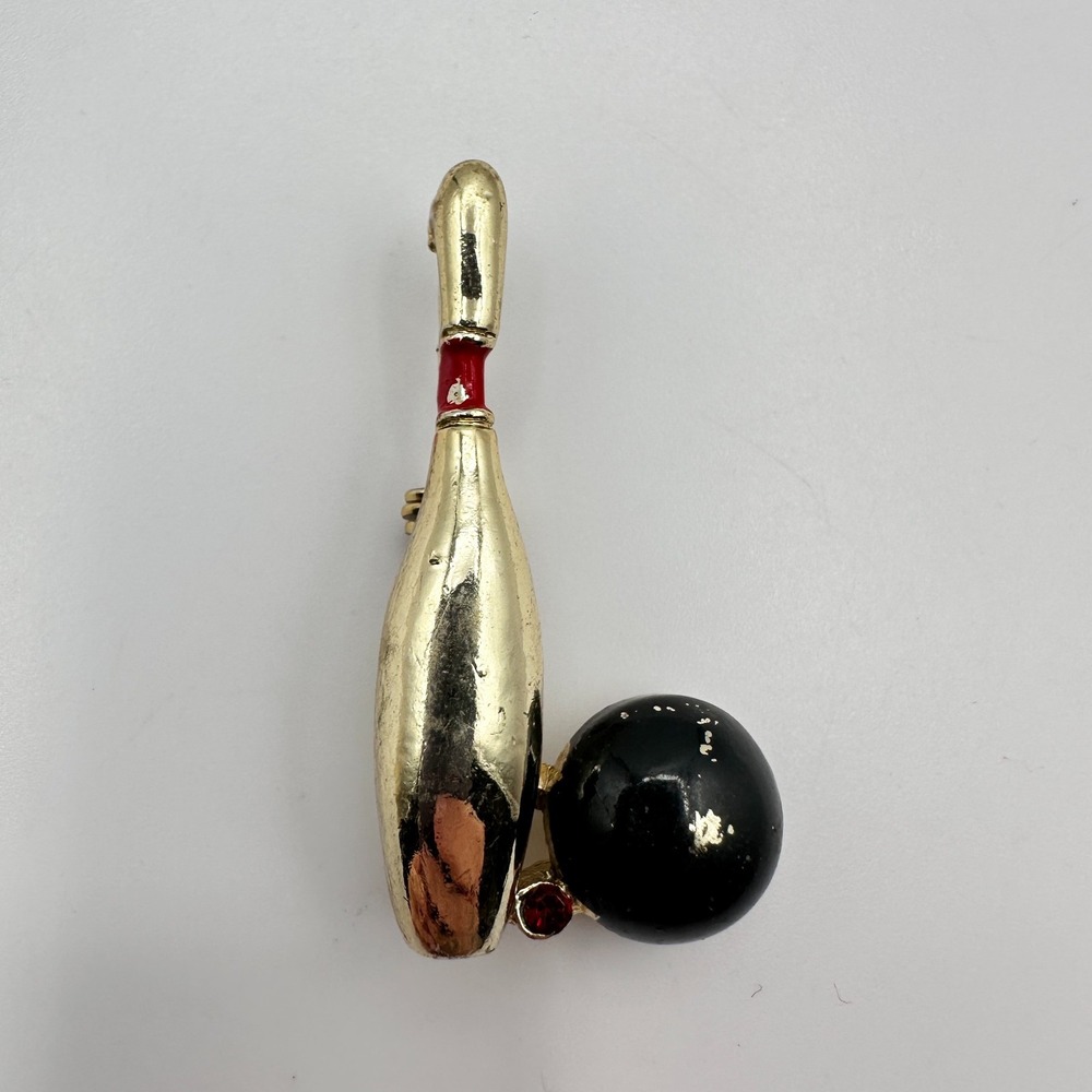 Vintage 90s Gerry's Gold Tone Bowling Ball Brooch Pin with Red Rhinestone